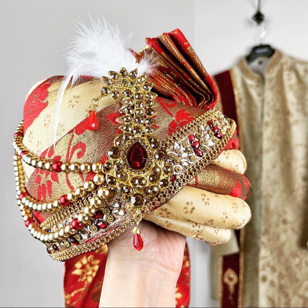 Men's Indian Wedding Red Gold Pagri Sherwani Dupatta Set Medium Pants Tunic